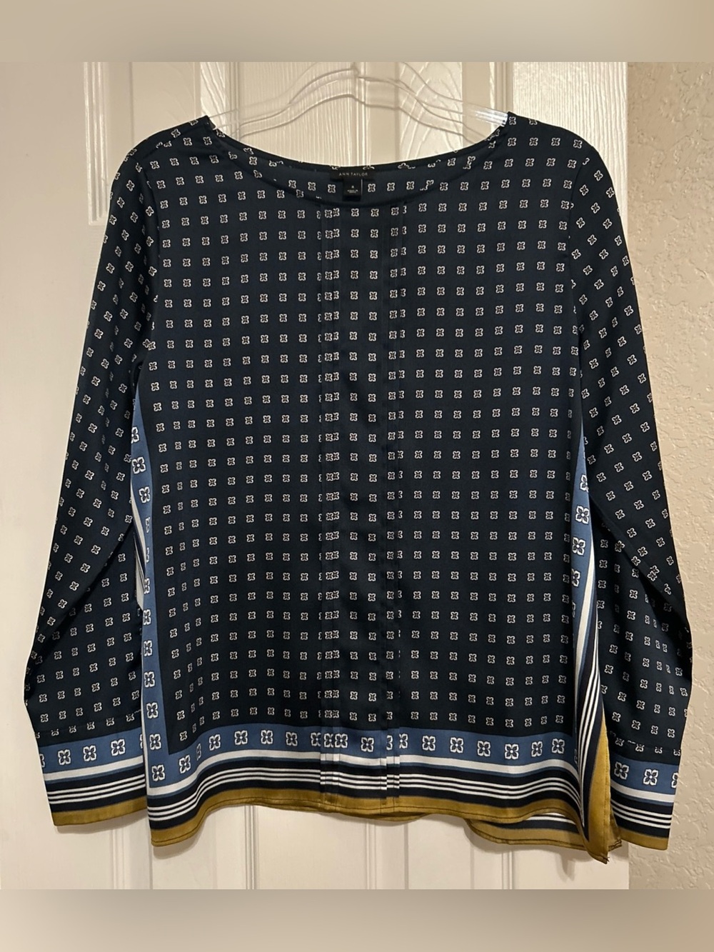 Ann Taylor Navy Patterned Long-Sleeve Top with Blue and Gold Trim